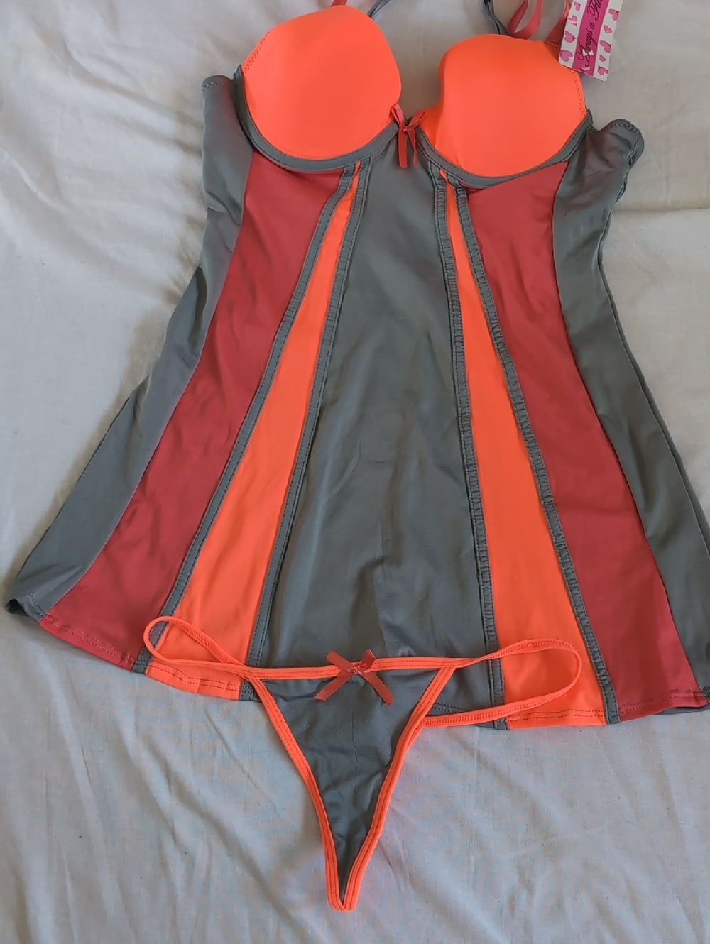 Neon Orange & Gray Paneled Babydoll Chemise with Matching Thong